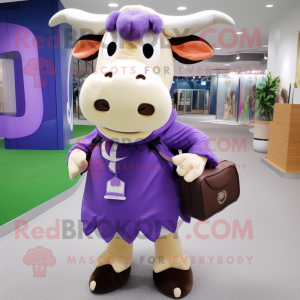 Purple Zebu mascot costume character dressed with a Mini Skirt and Messenger bags