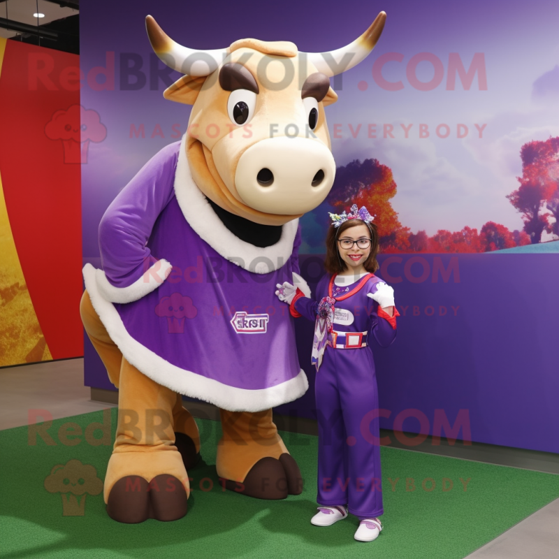 Purple Zebu mascot costume character dressed with a Mini Skirt and Messenger bags Purple Zebu mascot costume character dressed with a Mini Skirt and Messenger bags