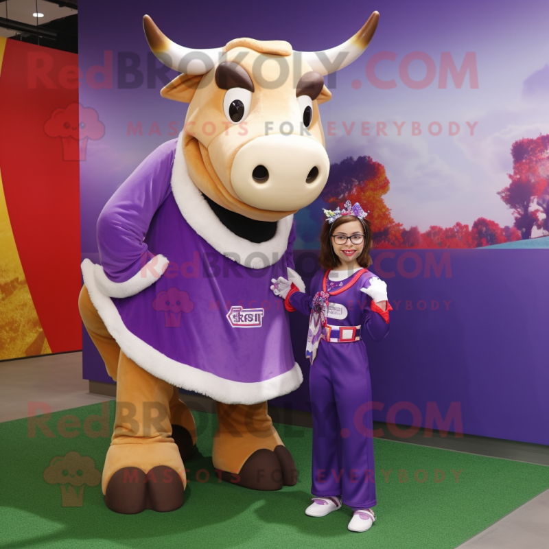 Purple Zebu mascot costume character dressed with a Mini Skirt and Messenger bags