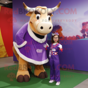 Purple Zebu mascot costume character dressed with a Mini Skirt and Messenger bags