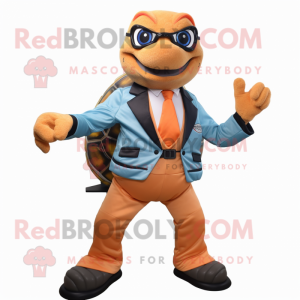 Peach Turtle mascot costume character dressed with a Moto Jacket and Pocket squares