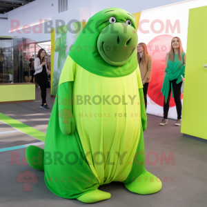 Lime Green Walrus mascot costume character dressed with a Maxi Dress and Headbands
