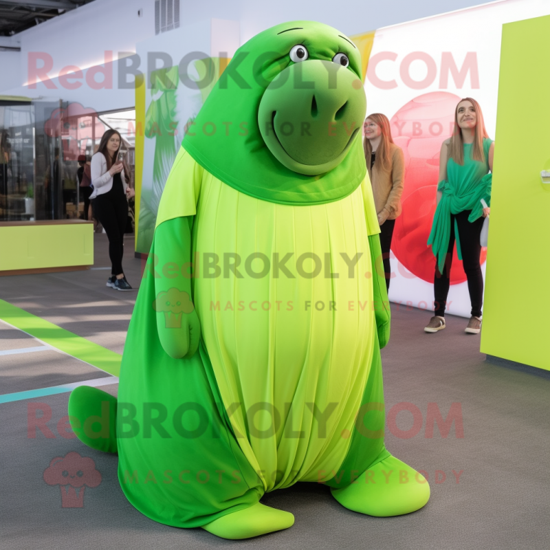 Lime Green Walrus mascot costume character dressed with a Maxi Dress and Headbands Lime Green Walrus mascot costume character dressed with a Maxi Dress and Headbands