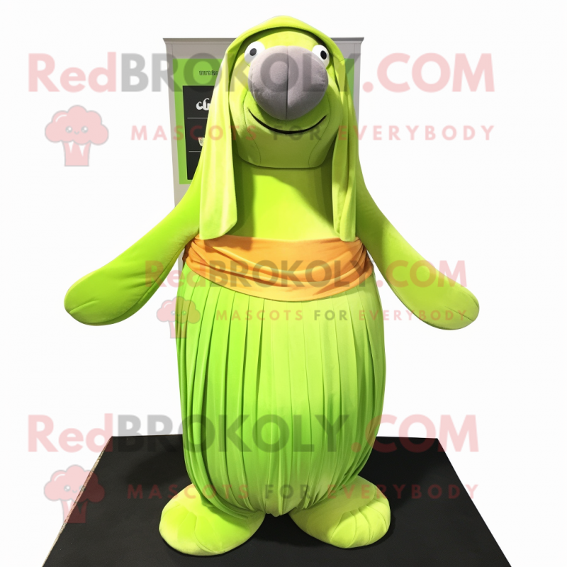 Lime Green Walrus mascot costume character dressed with a Maxi Dress and Headbands