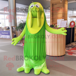 Lime Green Walrus mascot costume character dressed with a Maxi Dress and Headbands