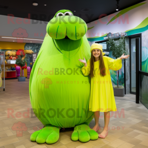Lime Green Walrus mascot costume character dressed with a Maxi Dress and Headbands