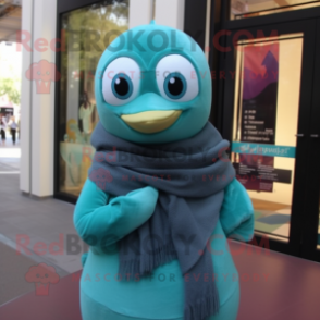 Teal Pear mascot costume character dressed with a Turtleneck and Scarves