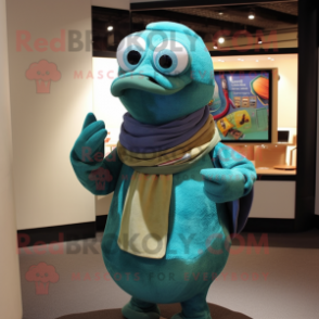 Teal Pear mascot costume character dressed with a Turtleneck and Scarves