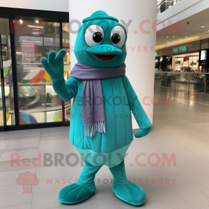 Teal Pear mascot costume character dressed with a Turtleneck and Scarves