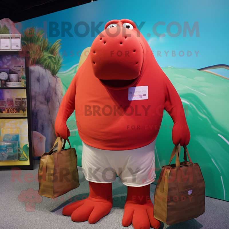 Red Walrus mascot costume character dressed with a Bermuda Shorts and Tote bags