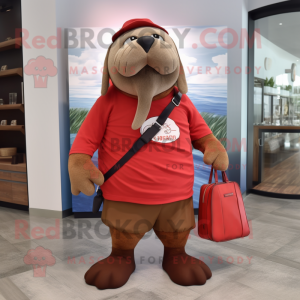 Red Walrus mascot costume character dressed with a Bermuda Shorts and Tote bags