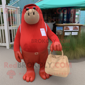 Red Walrus mascot costume character dressed with a Bermuda Shorts and Tote bags