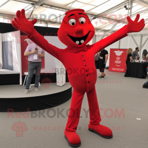 Red Contortionist mascot costume character dressed with a Polo Shirt and Pocket squares