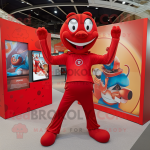 Red Contortionist mascot costume character dressed with a Polo Shirt and Pocket squares