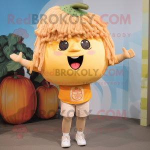 Tan Grapefruit mascot costume character dressed with a Chinos and Hair clips