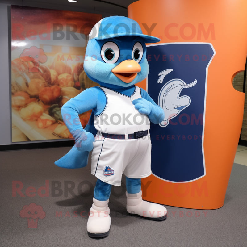 Peach Blue Jay mascot costume character dressed with a Tank Top and Pocket squares