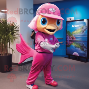 Pink Betta Fish mascot costume character dressed with a Capri Pants and Caps