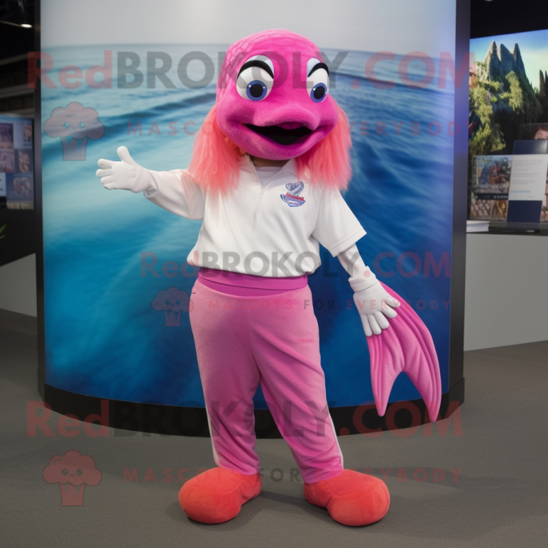 Pink Betta Fish mascot costume character dressed with a Capri Pants and Caps