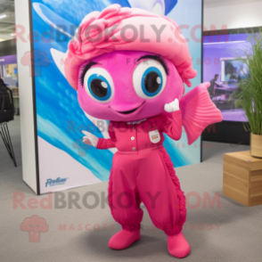 Pink Betta Fish mascot costume character dressed with a Capri Pants and Caps