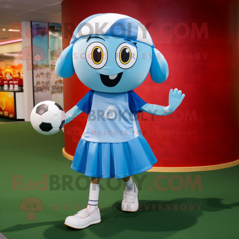 Sky Blue Soccer Ball mascot costume character dressed with a Maxi Skirt and Beanies Sky Blue Soccer Ball mascot costume character dressed with a Maxi Skirt and Beanies