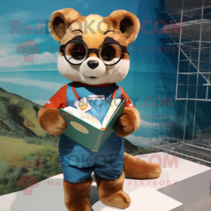 Rust Ferret mascot costume character dressed with a One-Piece Swimsuit and Reading glasses