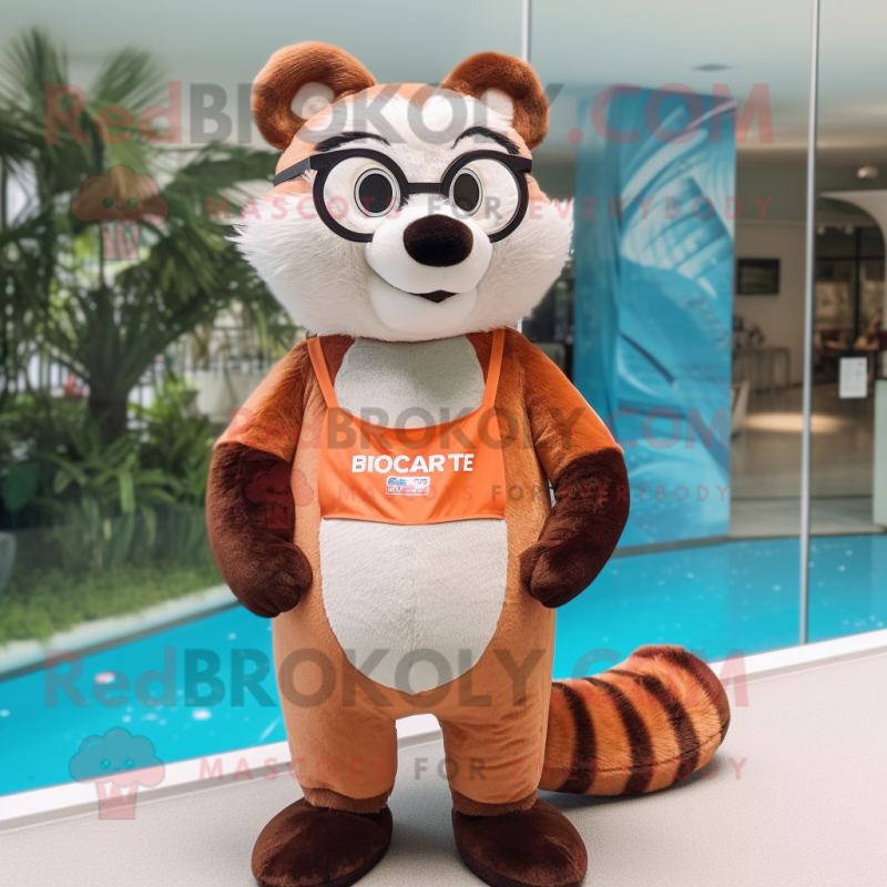 Rust Ferret mascot costume character dressed with a One-Piece Swimsuit and Reading glasses