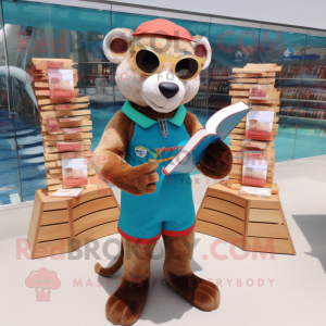 Rust Ferret mascot costume character dressed with a One-Piece Swimsuit and Reading glasses