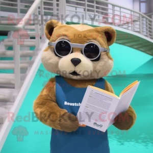 Rust Ferret mascot costume character dressed with a One-Piece Swimsuit and Reading glasses