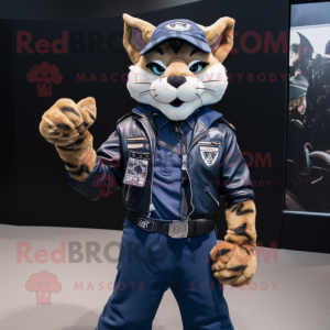 Navy Bobcat mascot costume character dressed with a Biker Jacket and Belts