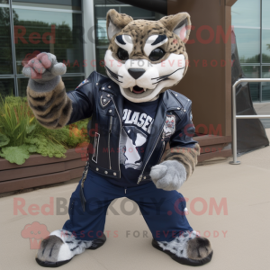 Navy Bobcat mascot costume character dressed with a Biker Jacket and Belts