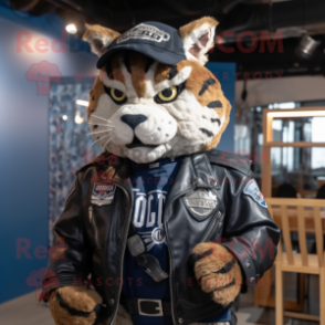 Navy Bobcat mascot costume character dressed with a Biker Jacket and Belts