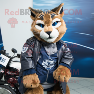 Navy Bobcat mascot costume character dressed with a Biker Jacket and Belts