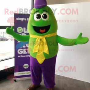 Lime Green Eggplant mascot costume character dressed with a Cardigan and Bow ties