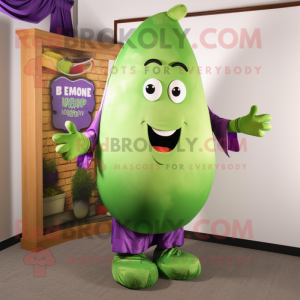 Lime Green Eggplant mascot costume character dressed with a Cardigan and Bow ties