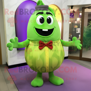 Lime Green Eggplant mascot costume character dressed with a Cardigan and Bow ties