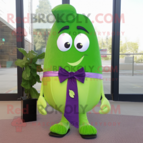 Lime Green Eggplant mascot costume character dressed with a Cardigan and Bow ties