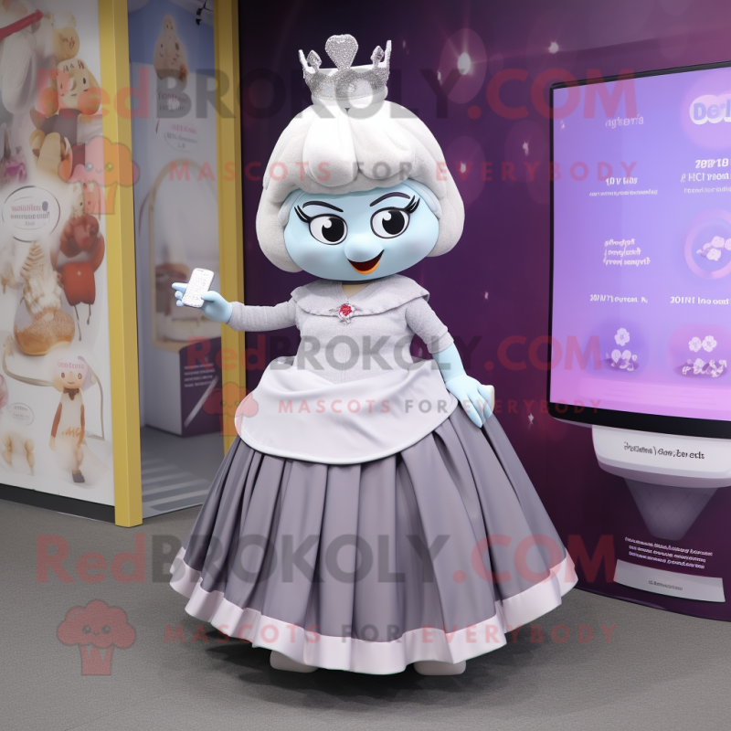 Silver Plum mascot costume character dressed with a Empire Waist Dress and Smartwatches