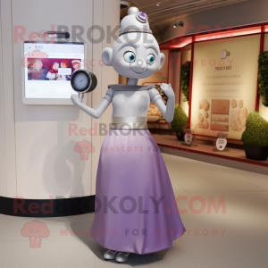 Silver Plum mascot costume character dressed with a Empire Waist Dress and Smartwatches