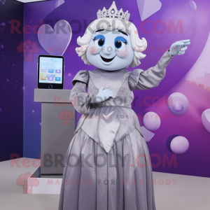 Silver Plum mascot costume character dressed with a Empire Waist Dress and Smartwatches