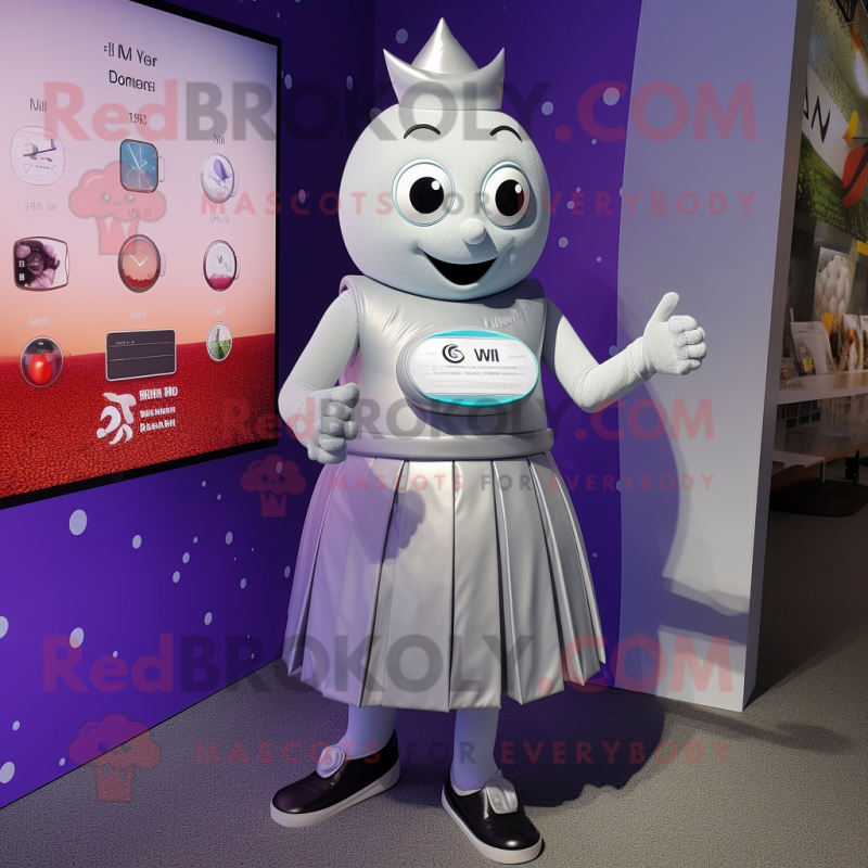 Silver Plum mascot costume character dressed with a Empire Waist Dress and Smartwatches