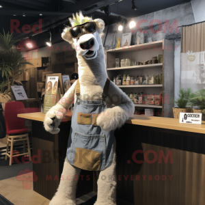 Silver Camel mascot costume character dressed with a Dungarees and Eyeglasses