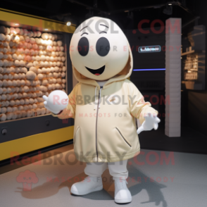 Cream Petanque Ball mascot costume character dressed with a Hoodie and Caps