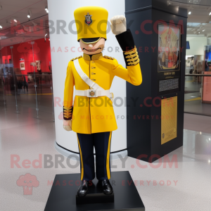Yellow British Royal Guard mascot costume character dressed with a Tuxedo and Shoe clips
