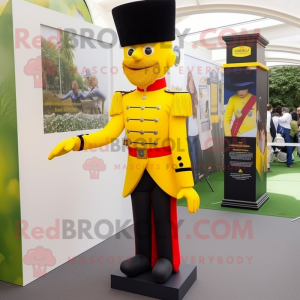 Yellow British Royal Guard mascot costume character dressed with a Tuxedo and Shoe clips