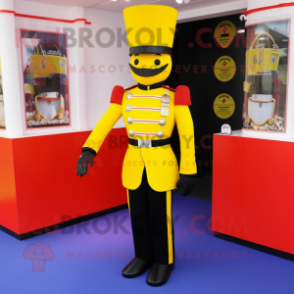 Yellow British Royal Guard mascot costume character dressed with a Tuxedo and Shoe clips