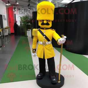 Yellow British Royal Guard mascot costume character dressed with a Tuxedo and Shoe clips