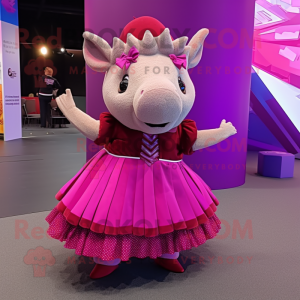 Magenta Armadillo mascot costume character dressed with a Skirt and Bow ties