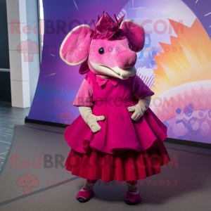 Magenta Armadillo mascot costume character dressed with a Skirt and Bow ties