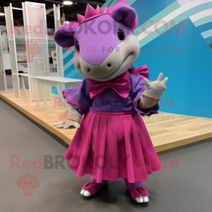 Magenta Armadillo mascot costume character dressed with a Skirt and Bow ties