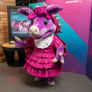 Magenta Armadillo mascot costume character dressed with a Skirt and Bow ties